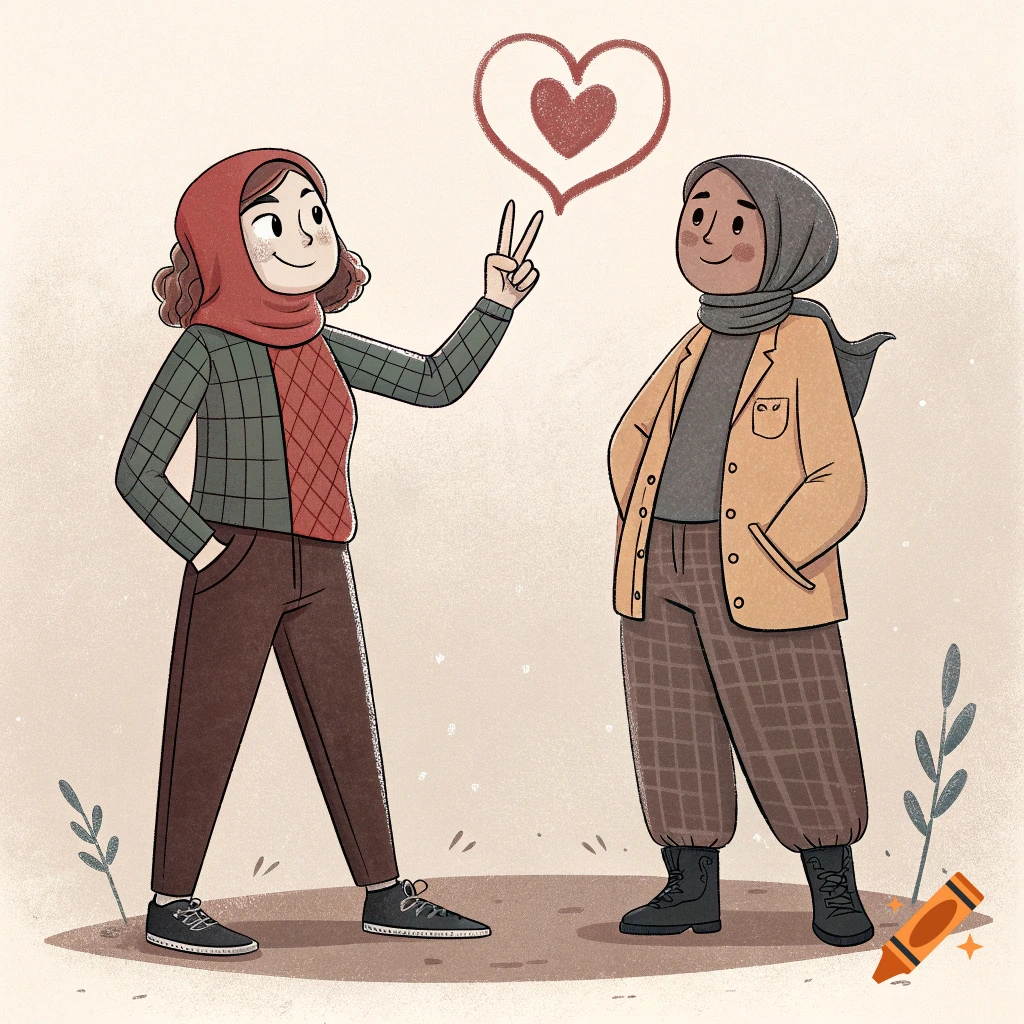 Illustration of two women in hijabs, one making a peace sign below a heart symbol.