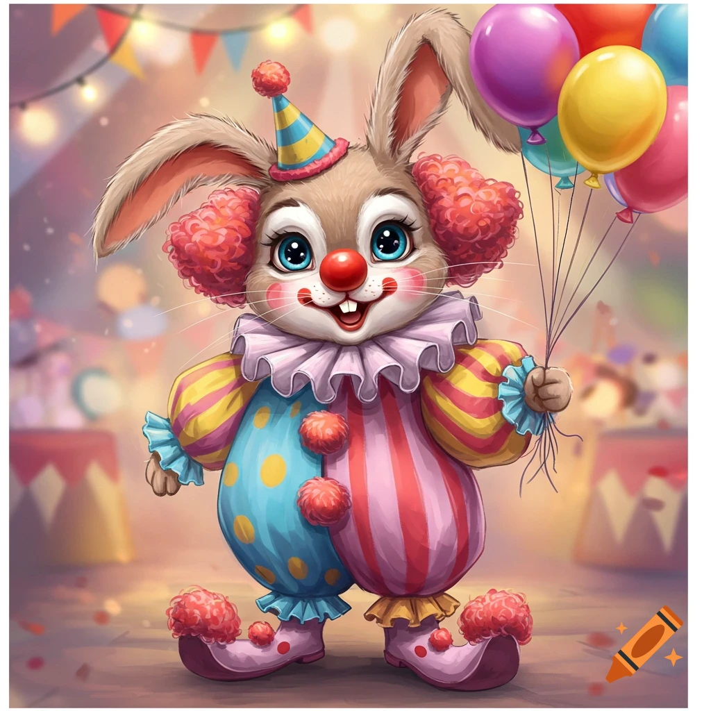A cute rabbit clown holding balloons at a circus.