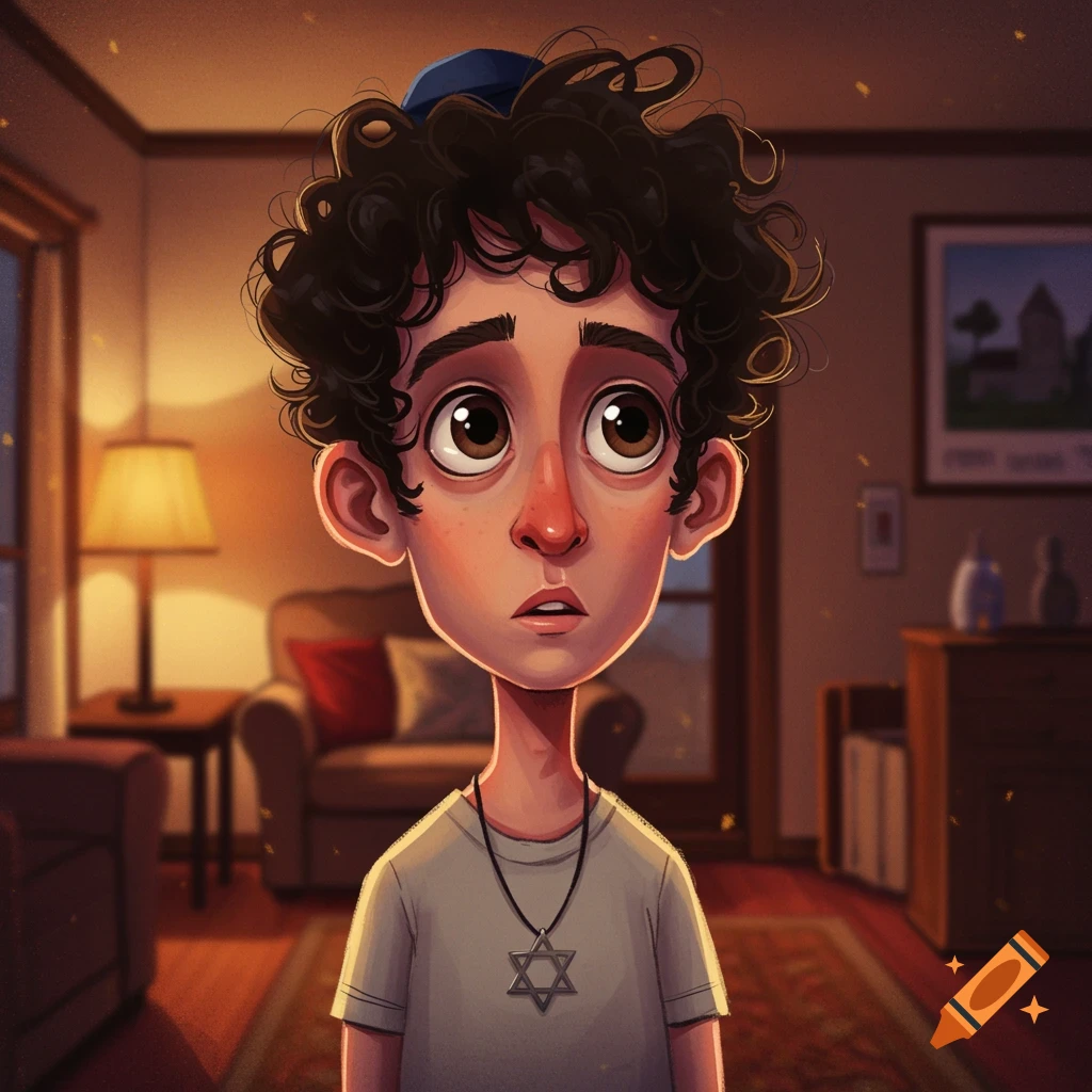 Illustration of a young boy with curly hair wearing a kippah and Star of David necklace in a cozy room.