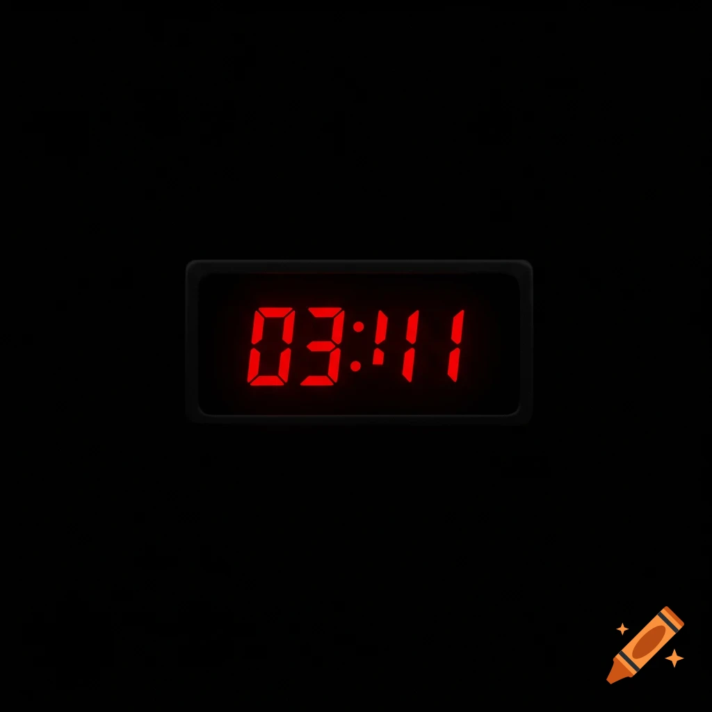 Red digital clock displaying the time 03:11 against a black background in a digital art style.