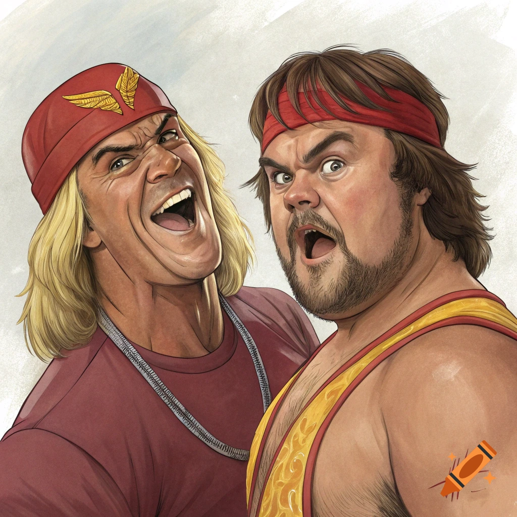 Caricature drawing of Hulk Hogan and Jack Black with exaggerated expressions