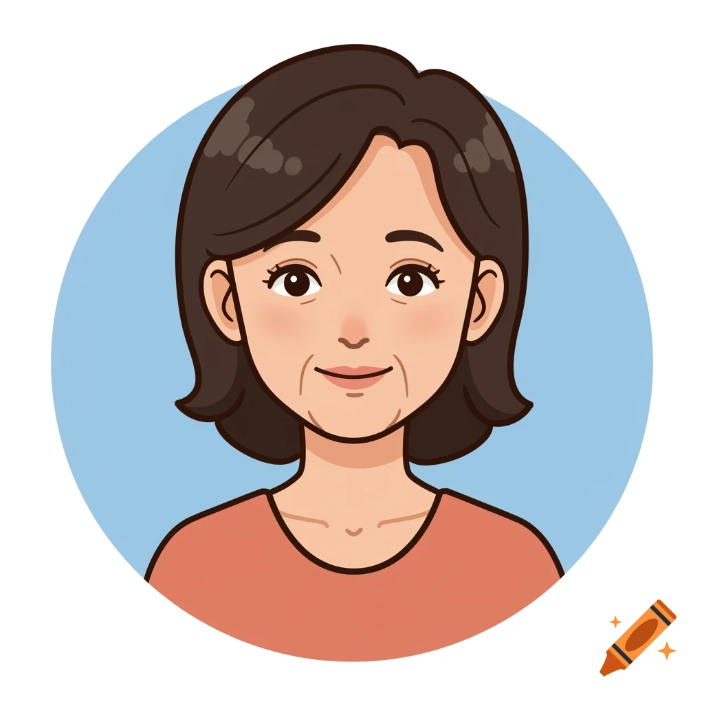 Cartoon icon of a middle-aged woman's face in a blue circle.