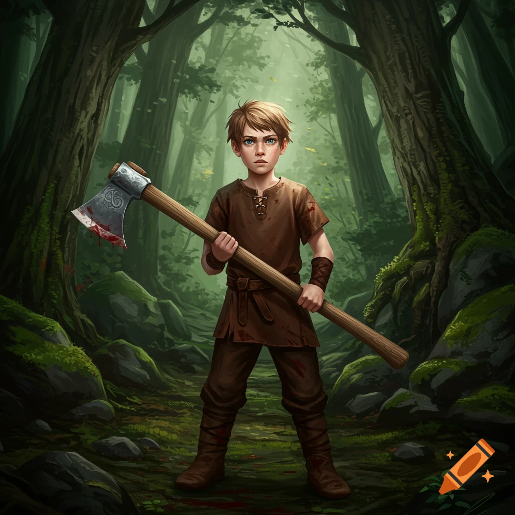 A determined young boy holds a bloody axe in a forest.
