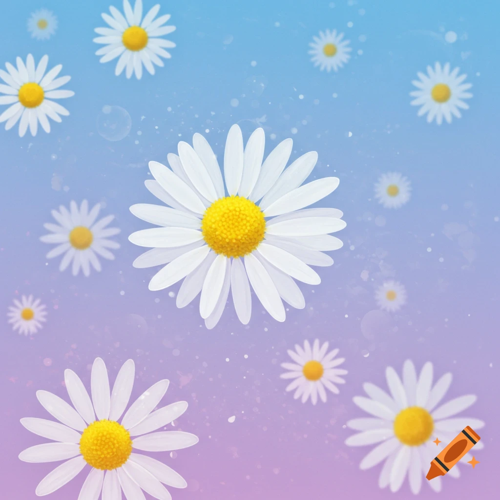 Floating white daisies against a blue and purple gradient background