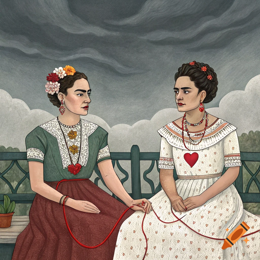 Painting of two figures resembling Frida Kahlo sitting on a bench, connected by an artery against a stormy sky.