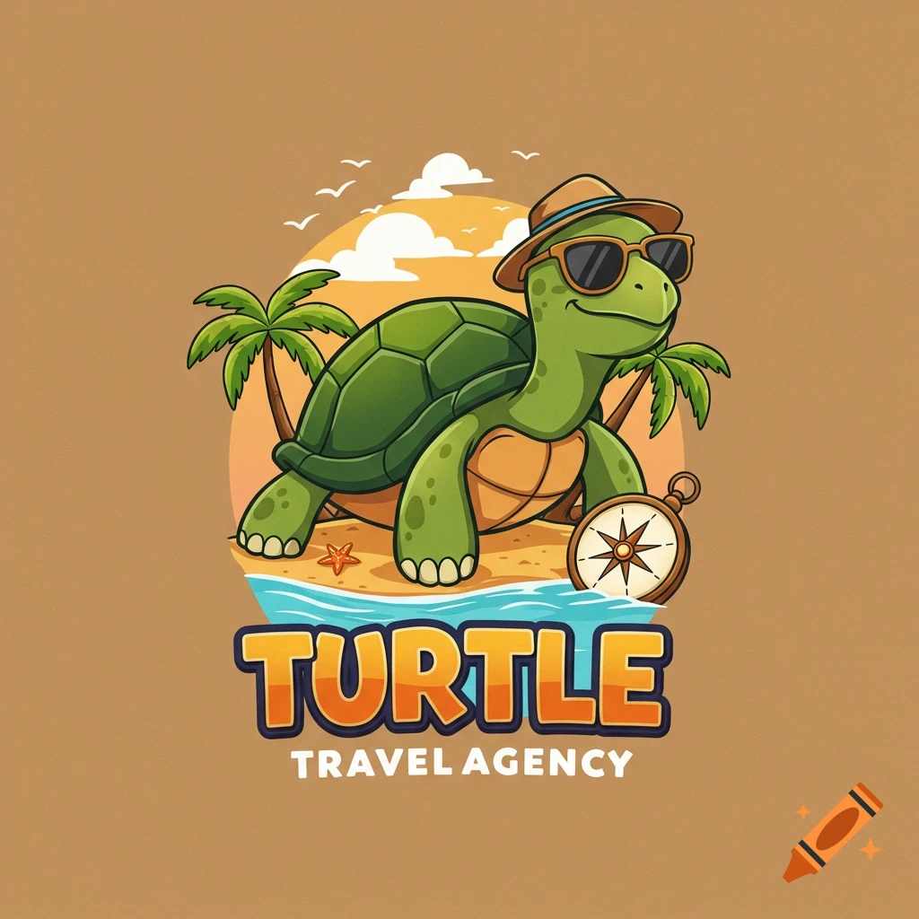 Cartoon turtle wearing hat and sunglasses on beach with palm trees and compass, text 'TURTLE TRAVEL AGENCY', logo style.