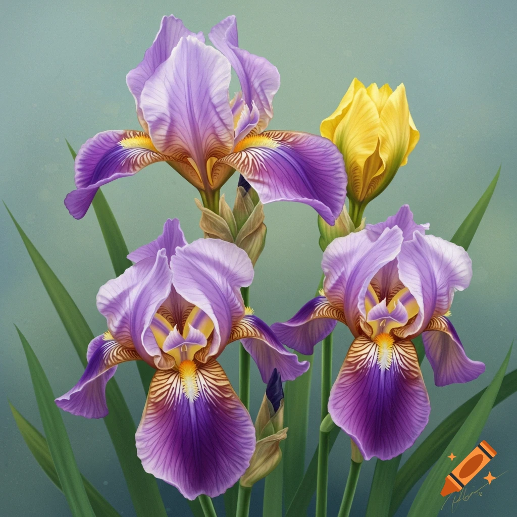 Purple and yellow iris flowers.