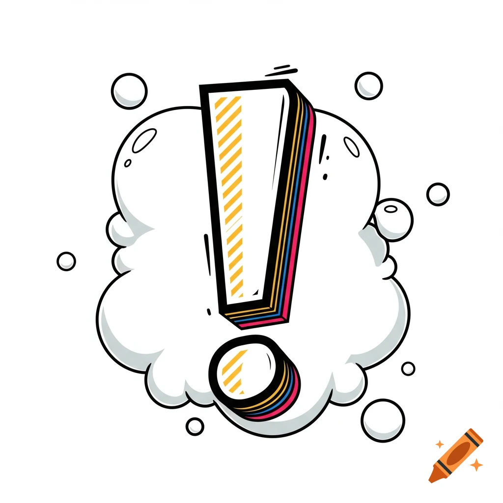 Vector illustration of a colorful exclamation point inside a white bubble with circles on a white background.