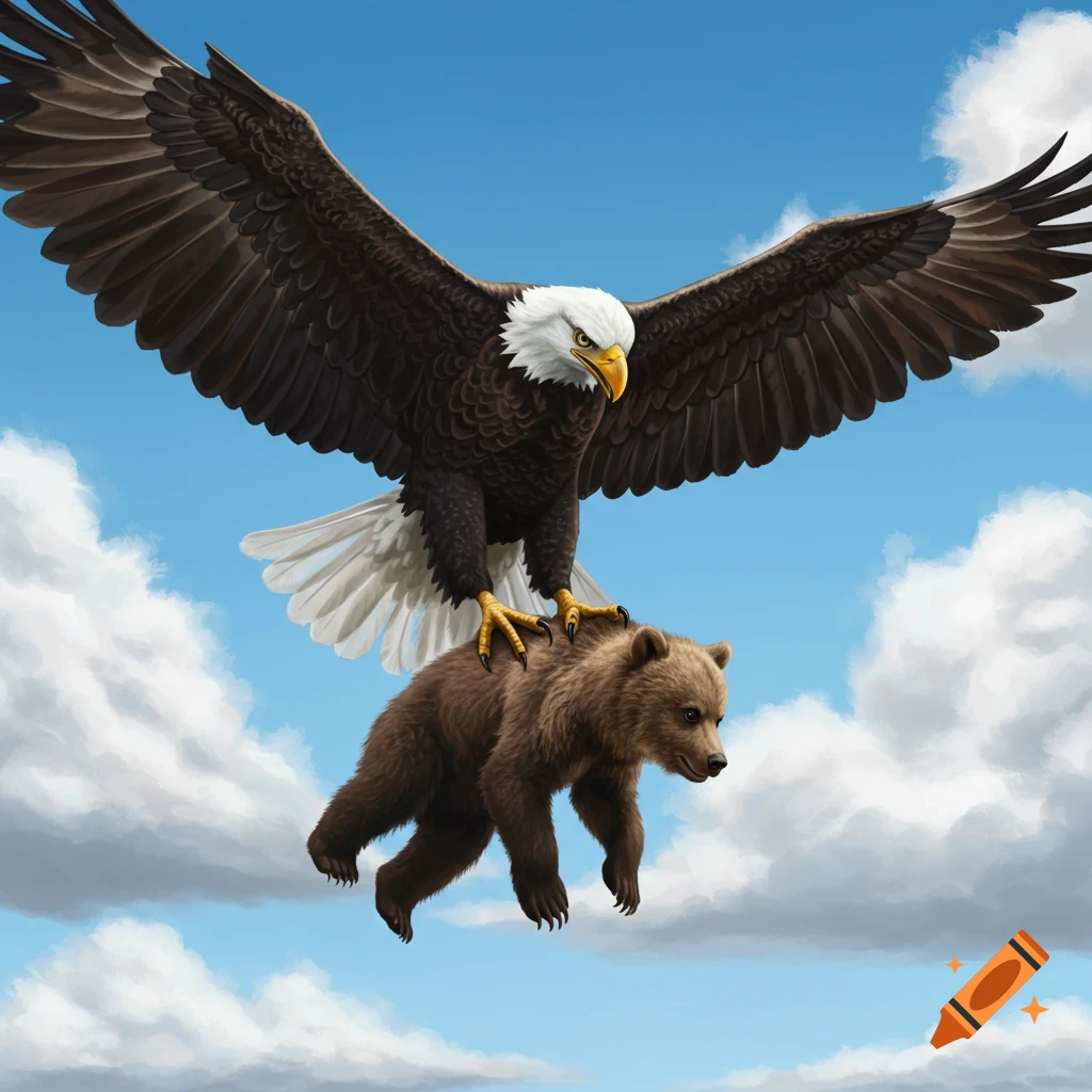 A bald eagle is flying high in the sky carrying a brown bear cub in its talons.