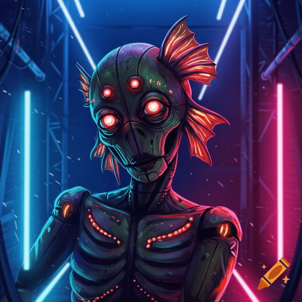 An animatronic alien creature with multiple red eyes and fins, in a sci-fi setting with neon lights.