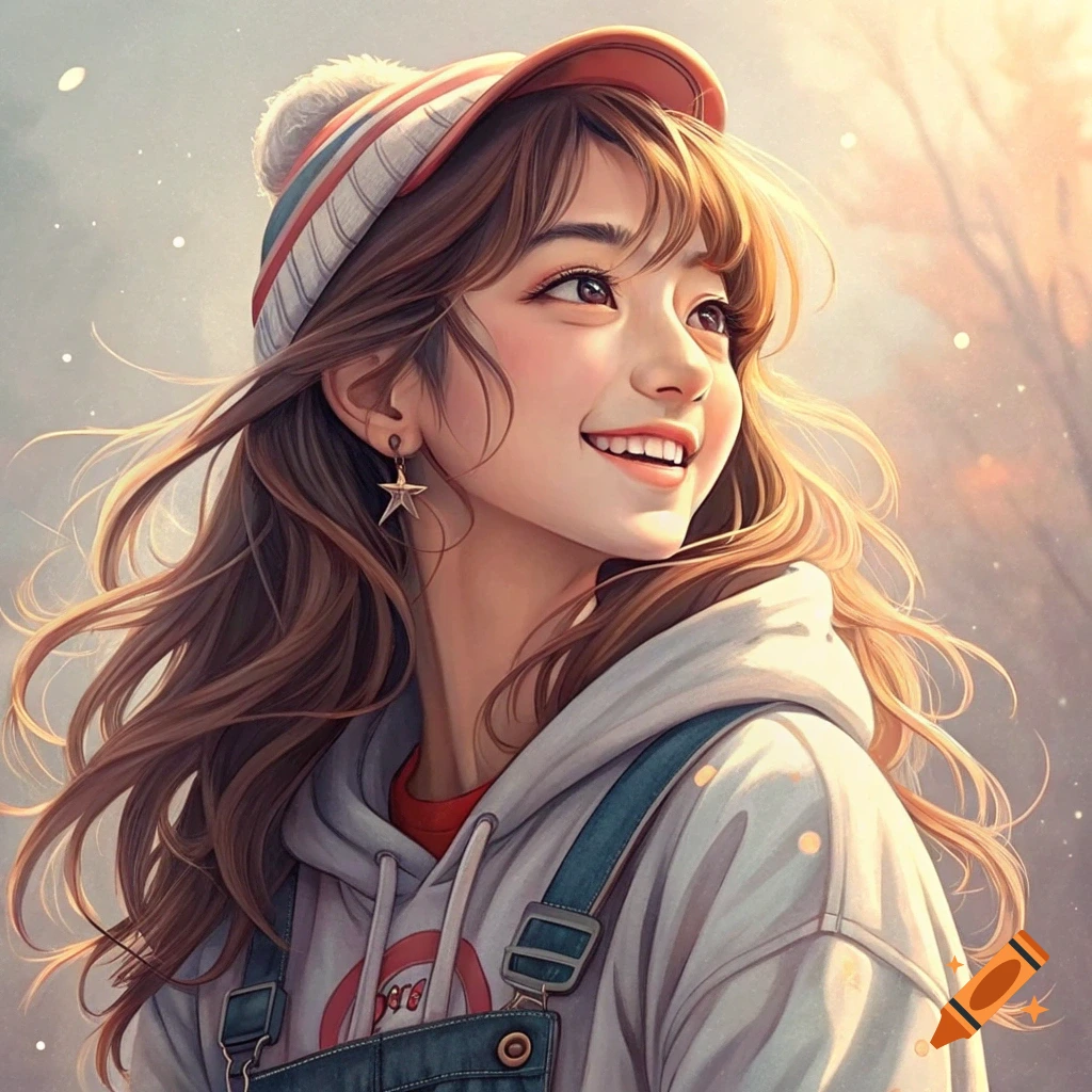 Illustration of a young woman smiling, wearing a cap, hoodie, and overalls.
