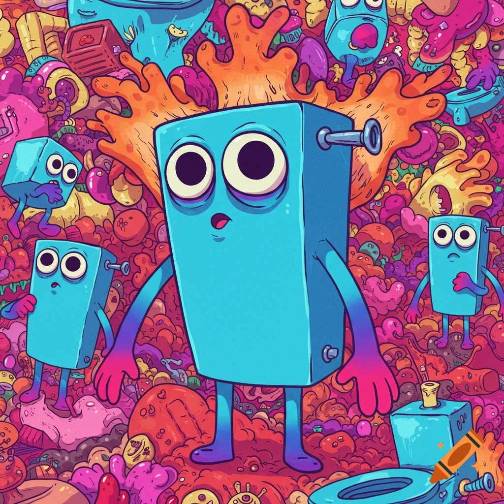Blue cartoon toilet characters are surrounded by colorful abstract shapes.