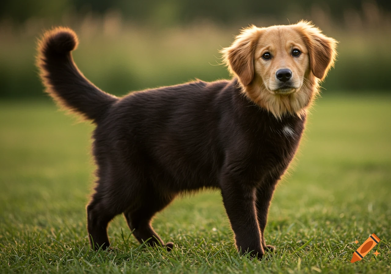 A brown and tan puppy stands in green grass looking forward.