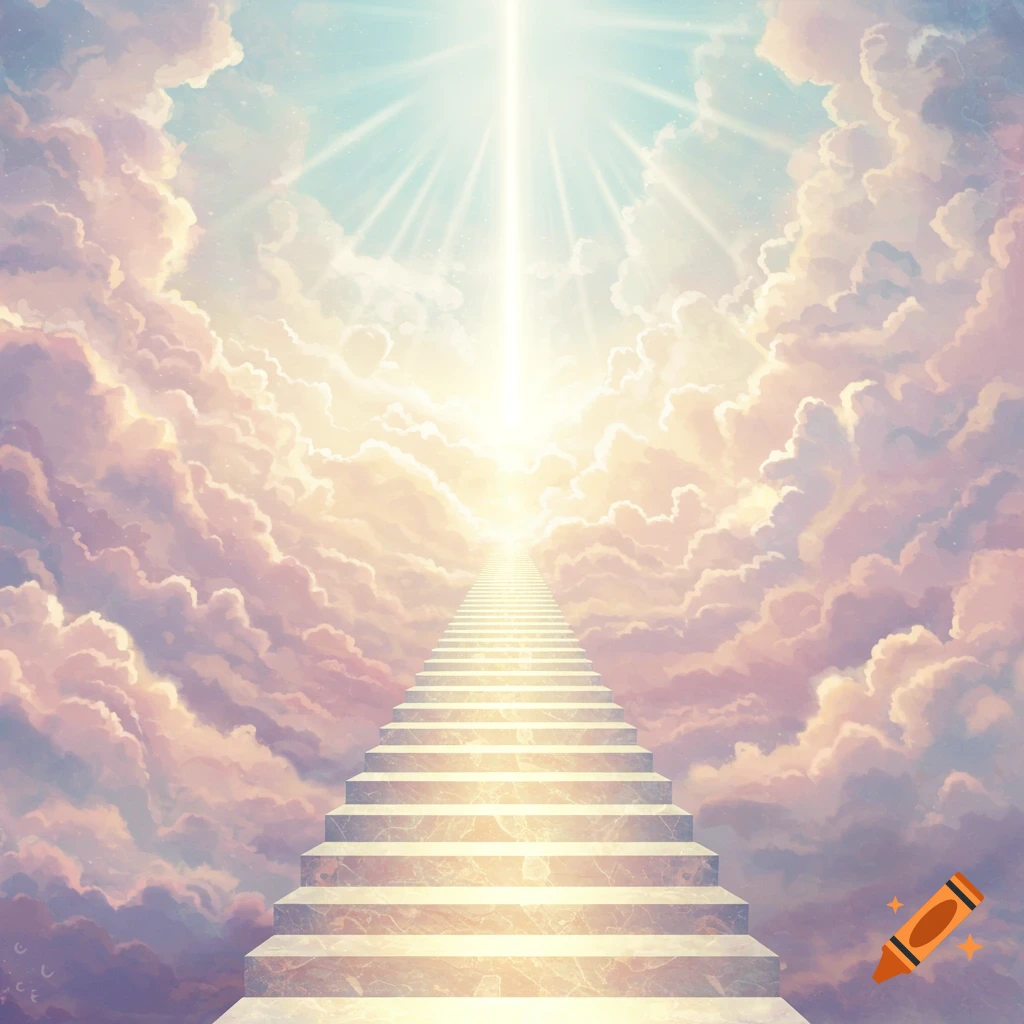 A staircase rises into bright light through clouds.