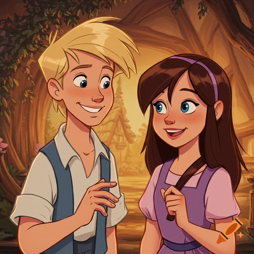 Two smiling cartoon children, a blonde boy and a brown-haired girl, standing in a warm, stylized forest setting in a classic animation style.