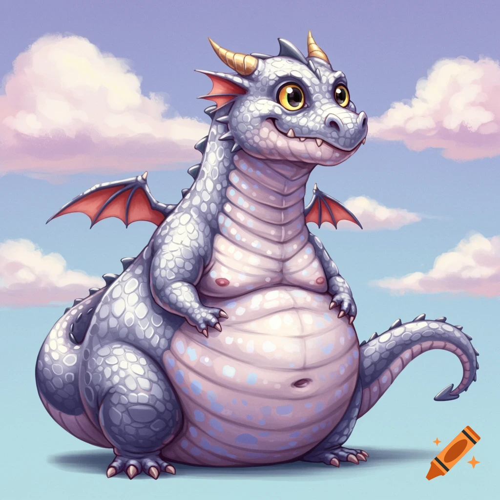 A whimsical illustration of a chubby silver dragon with a rotund belly, standing under a cloudy sky.