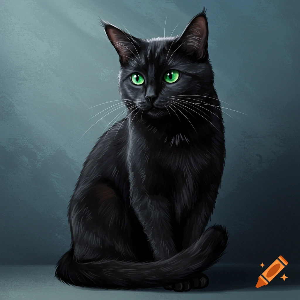 A black cat with green eyes.