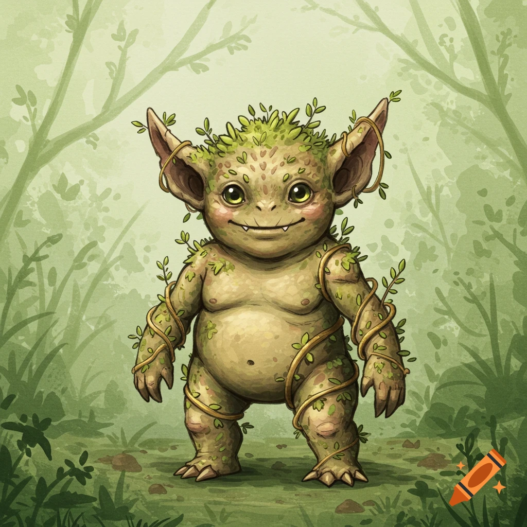 A watercolor illustration of a small green imp-like creature covered in vines standing in a forest.