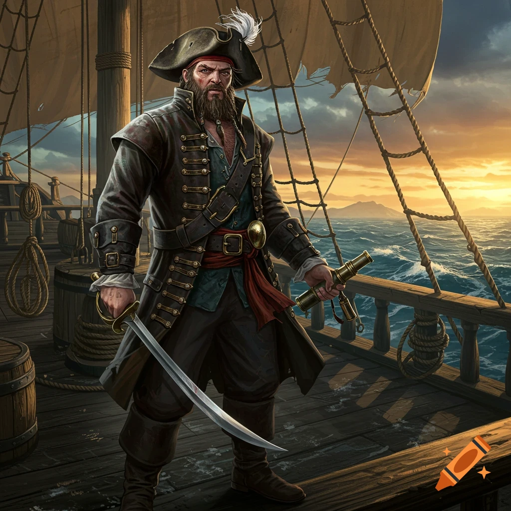 A pirate stands on a ship deck, holding a sword and telescope.