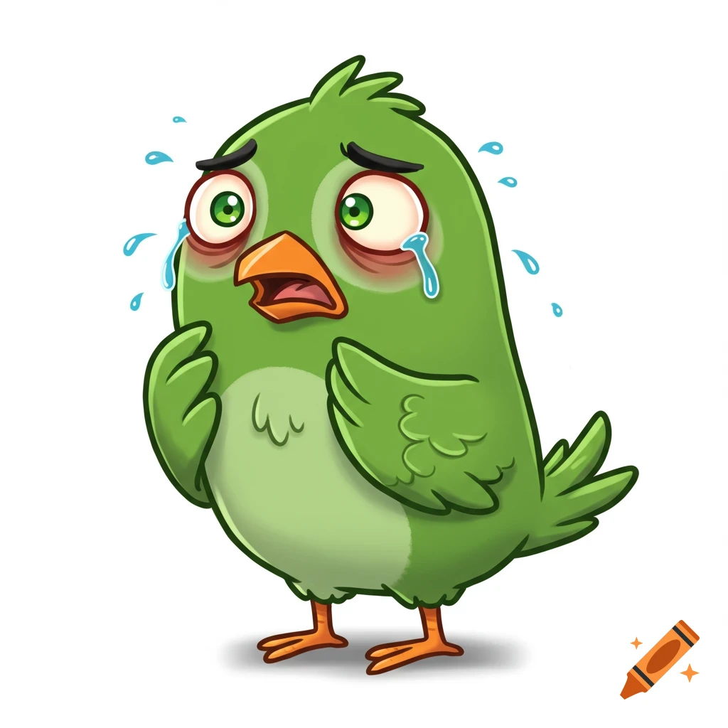 A green cartoon bird with tears streaming down its face looks distressed.