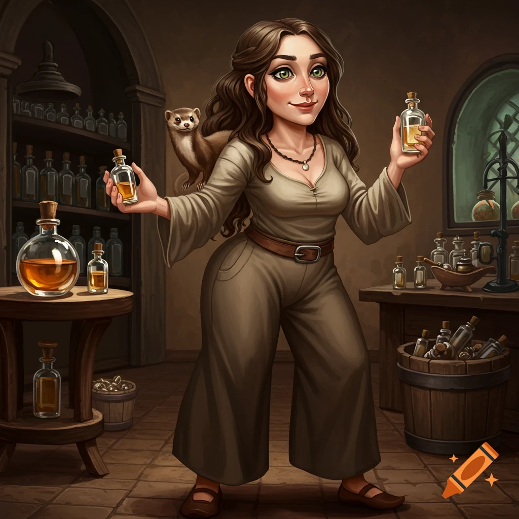 A fantasy painting of a woman with a weasel on her shoulder holding bottles in an apothecary lab.