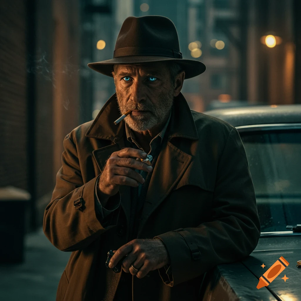 A man in a hat and trench coat with glowing blue eyes smokes a cigarette, leaning on a car at night in a city.