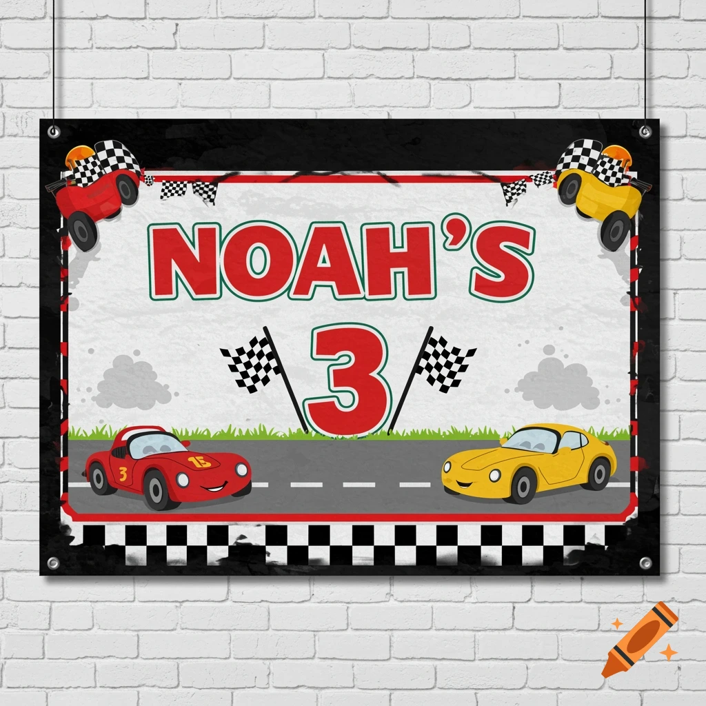Noah's 3rd birthday banner with race cars and checkered flags.