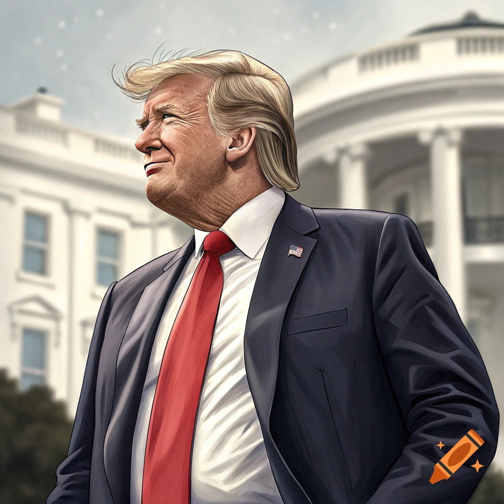 Stylized illustration of Donald Trump in a suit and red tie, standing in front of the White House.
