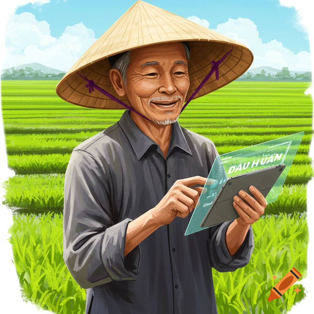 Smiling elderly Vietnamese farmer in a conical hat looking at a transparent tablet in a rice field.