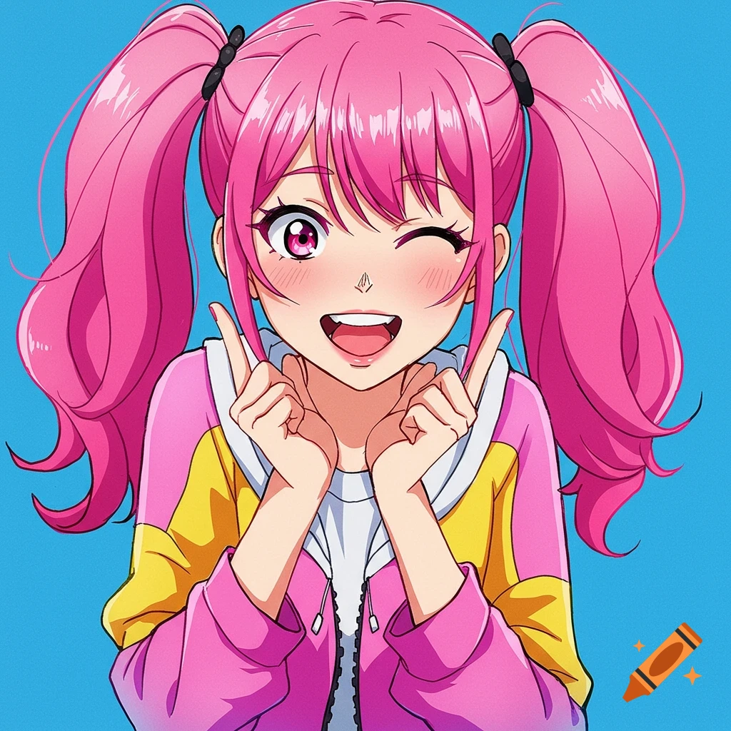 Anime girl with pink pigtails winking and making peace signs in a colorful jacket.
