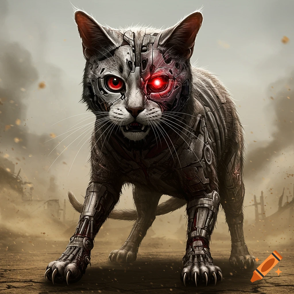 A cybernetic cat with red eyes stands in a desolate landscape.