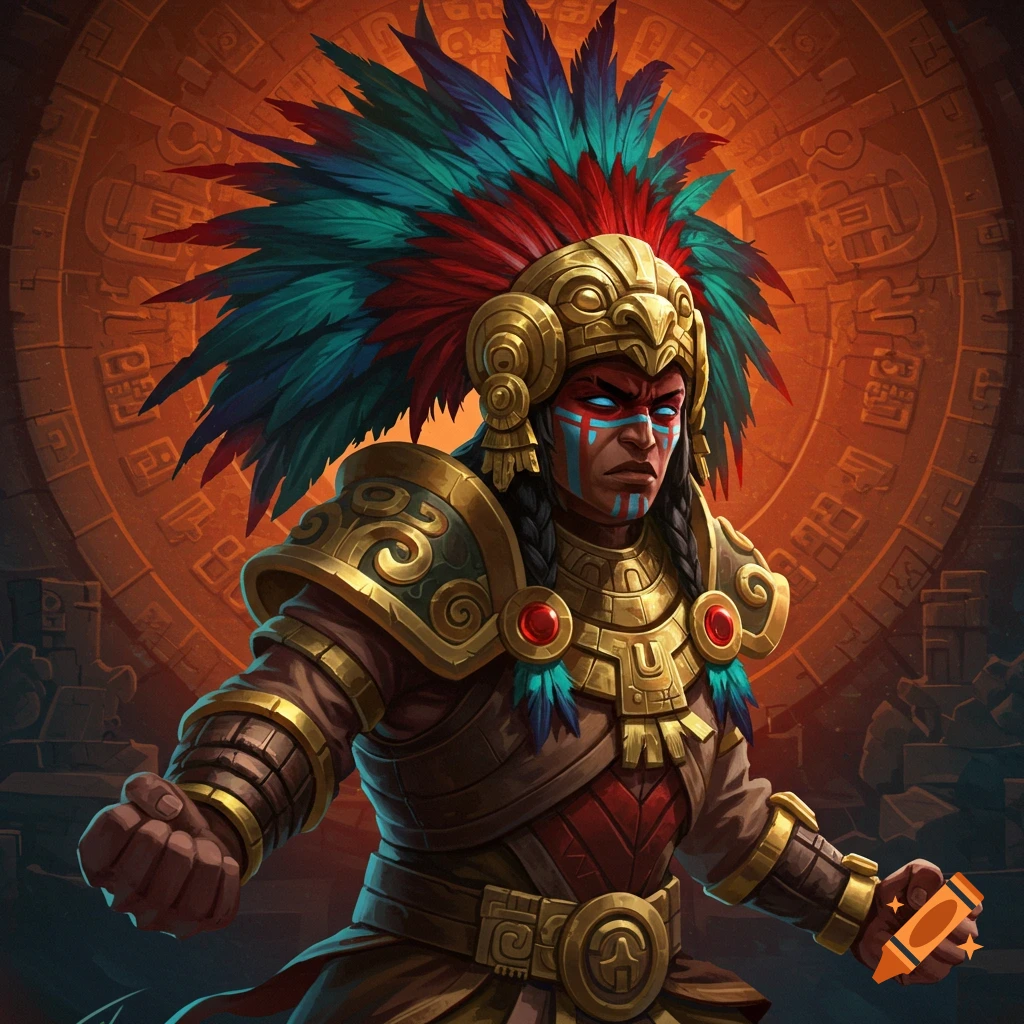 An Aztec warrior in golden armor and feathered headdress against a background of ancient carvings.