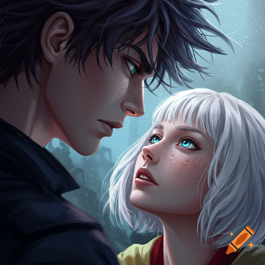 A young man with dark hair looks down at a young woman with white hair looking up at him.