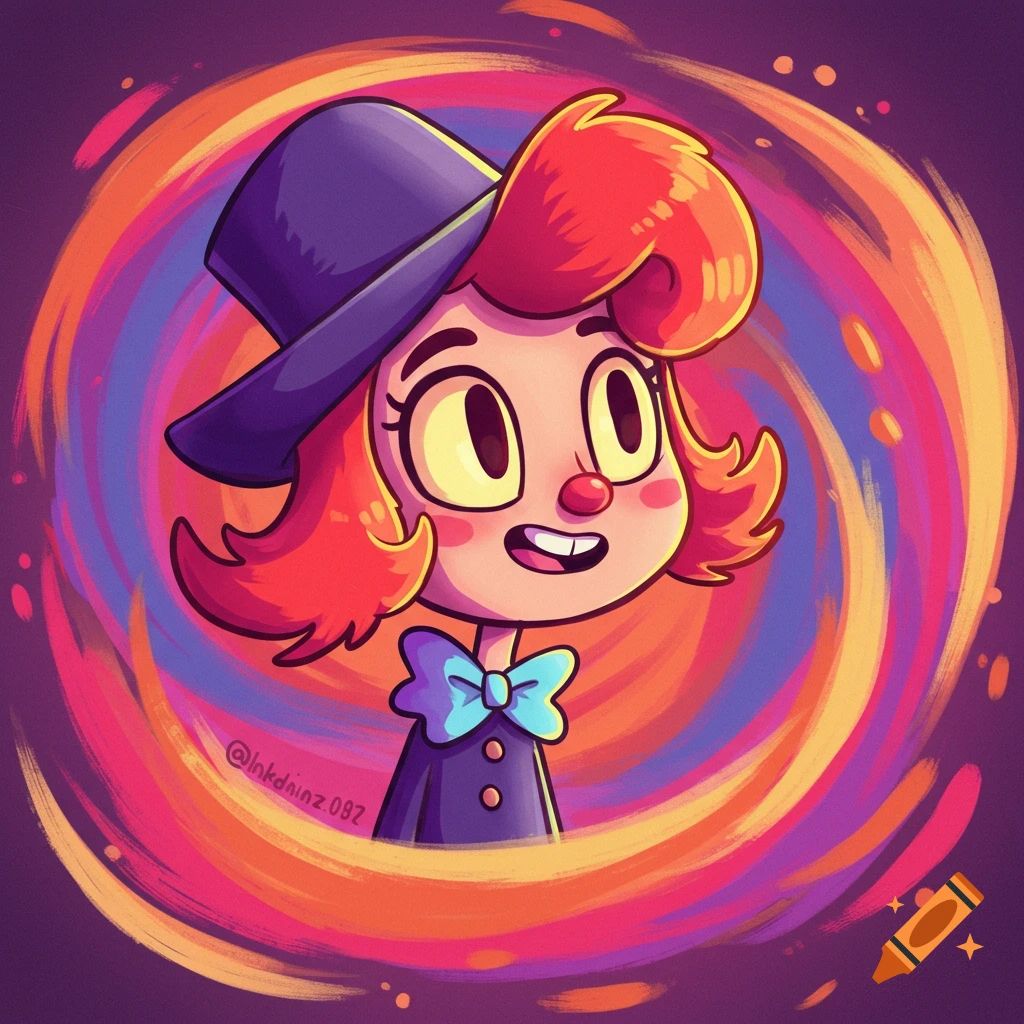 Cartoon portrait of a character with red hair, purple hat, and blue bow tie against a colorful swirl background.