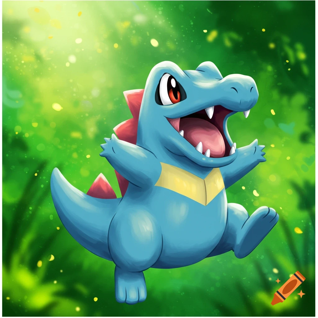 Totodile is jumping with its mouth open against a green background.