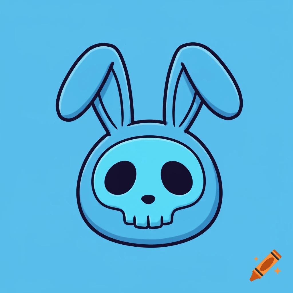 Cartoon illustration of a blue skull with bunny ears.