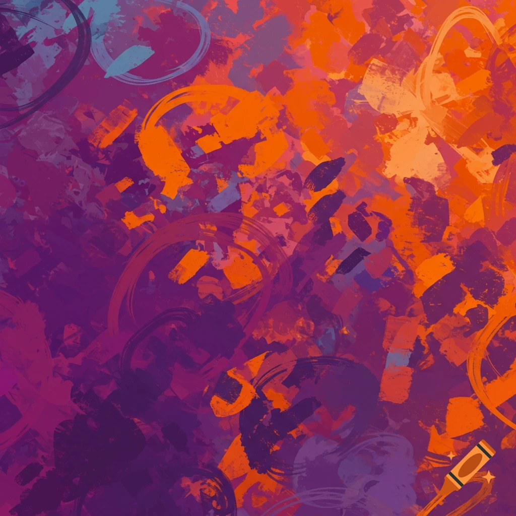 Abstract painting with orange, purple, and blue brushstrokes and shapes.