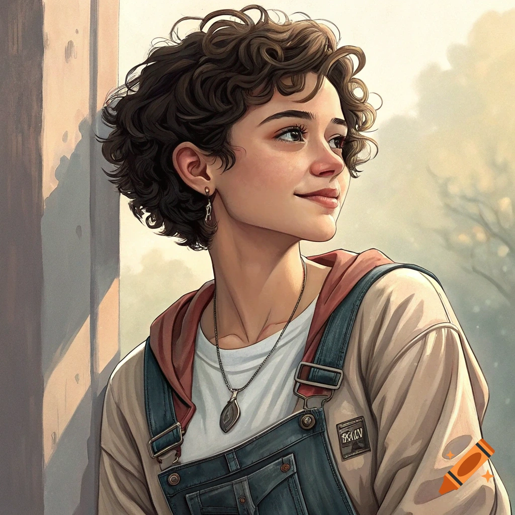 Digital illustration of a young woman with short curly hair in overalls, bathed in sunlight, looking to the side.