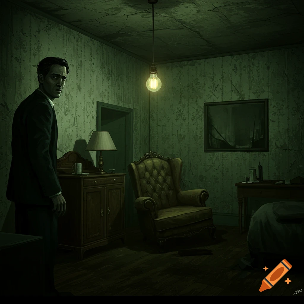 A man stands in a dark, creepy hotel room