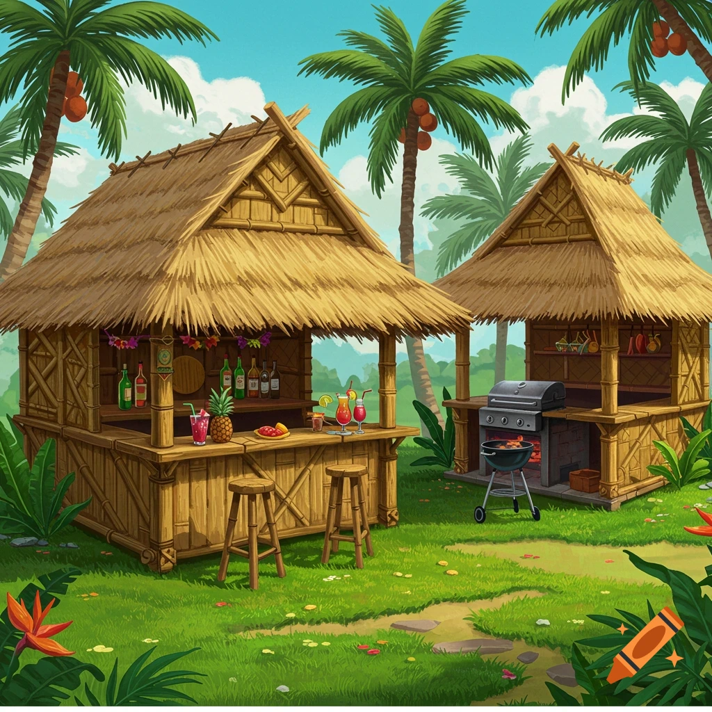 Two tiki huts, one with a bar and one with a grill, in a tropical yard with palm trees.