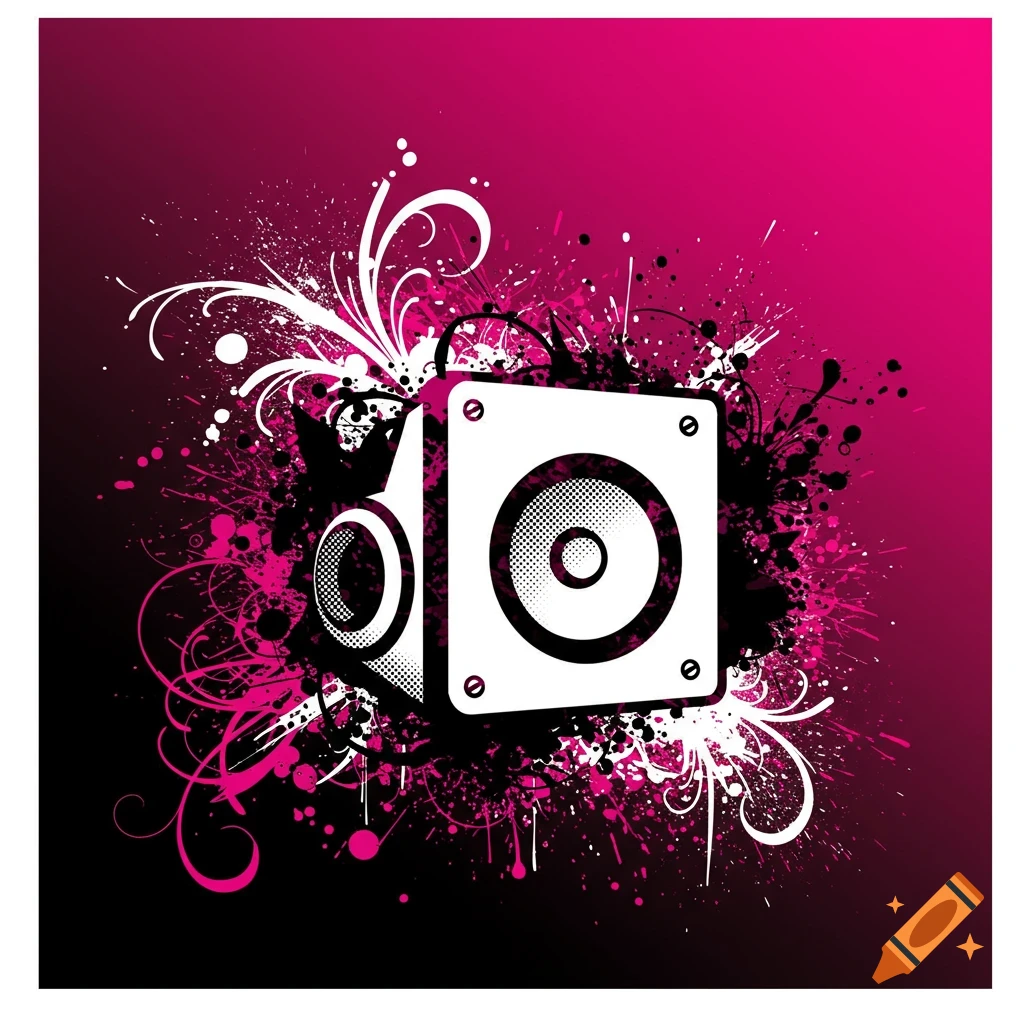 A stylized graphic of a white speaker silhouette surrounded by abstract pink and black splatters and swirls on a hot pink to black gradient background.