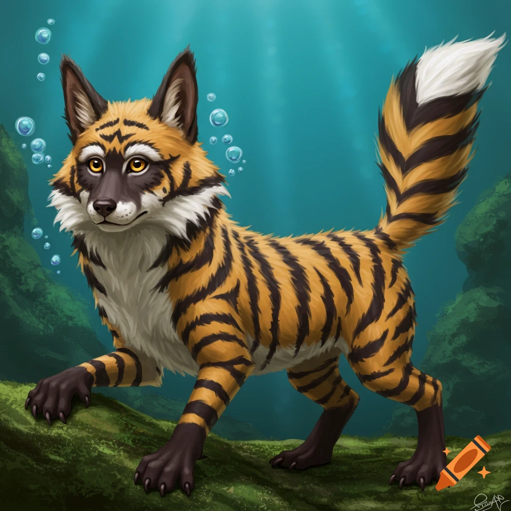 A tiger-striped creature with fox ears and tail is walking underwater.