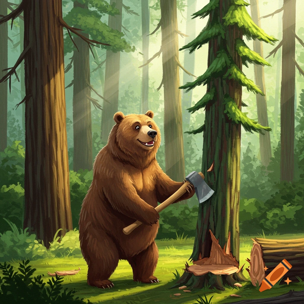 A cartoon bear cuts down a tree with an axe in a sunlit forest, digital art style.