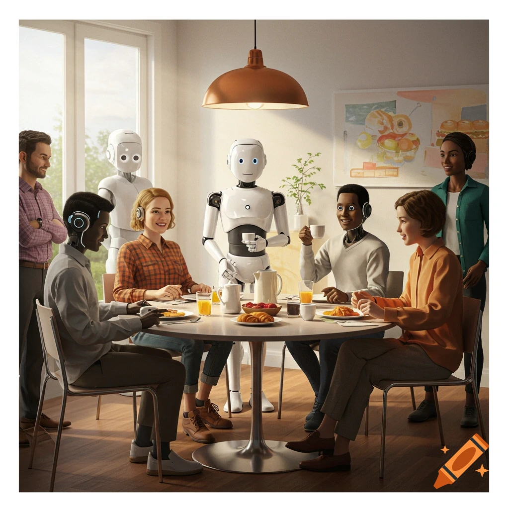 Humans and robots eating breakfast together at a table in a sunny room.