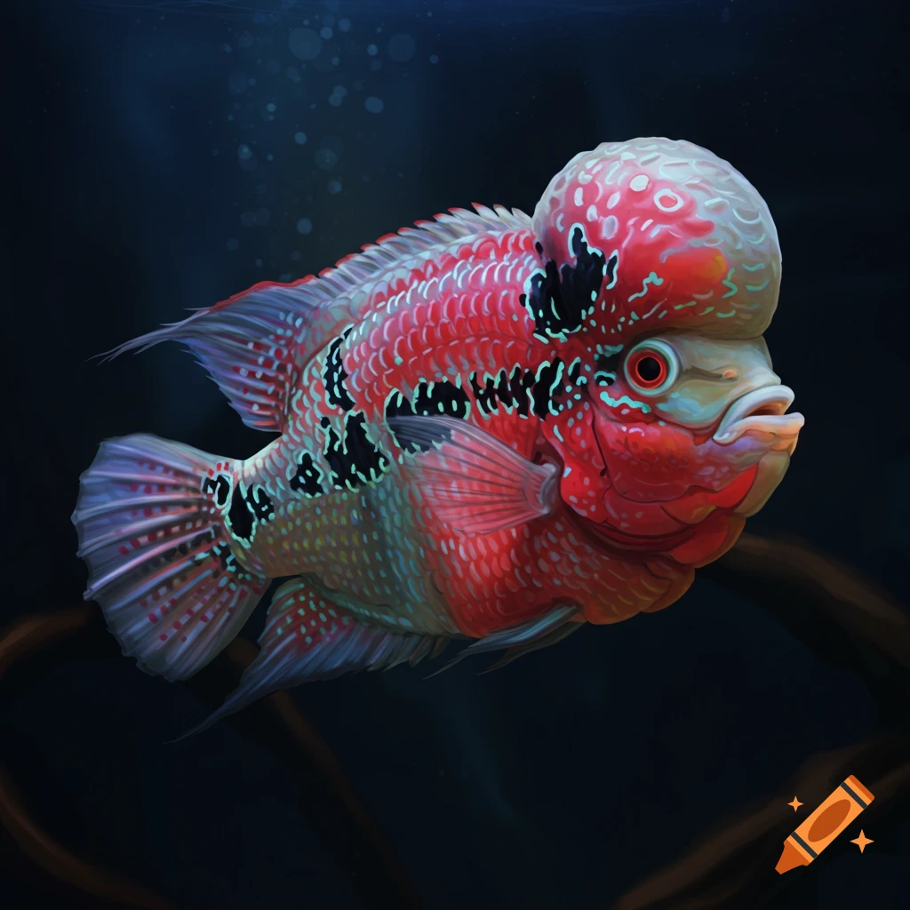 A colorful Flowerhorn fish swimming in dark water.