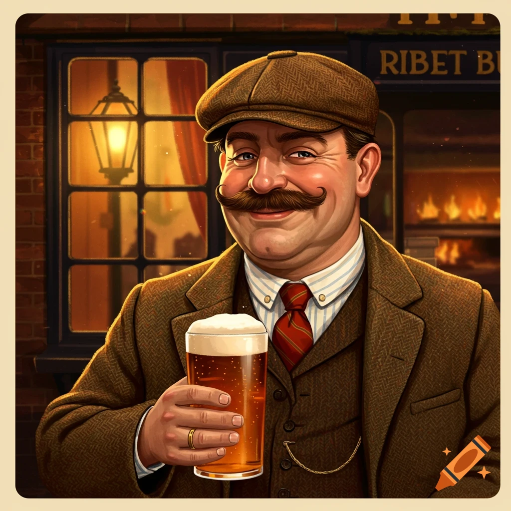 A man with a mustache and flat cap holds a pint of beer outside a pub.