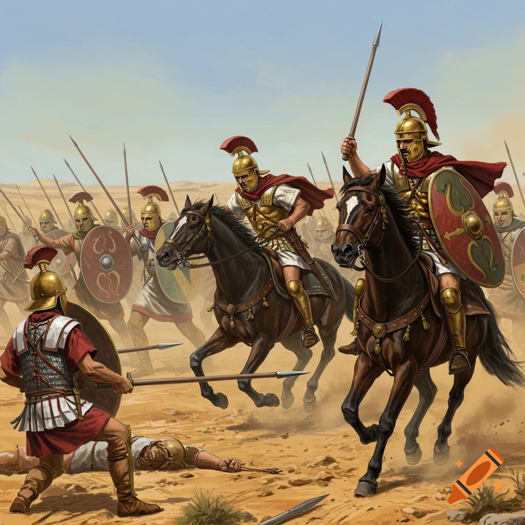 Illustration of Roman soldiers and cavalry in a desert battle.