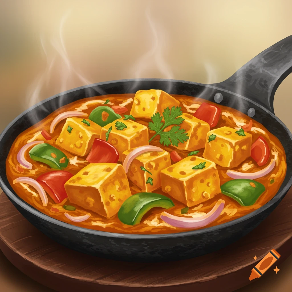 Paneer Tikka Masala in a black pan, showing cubes of paneer and vegetables in sauce.