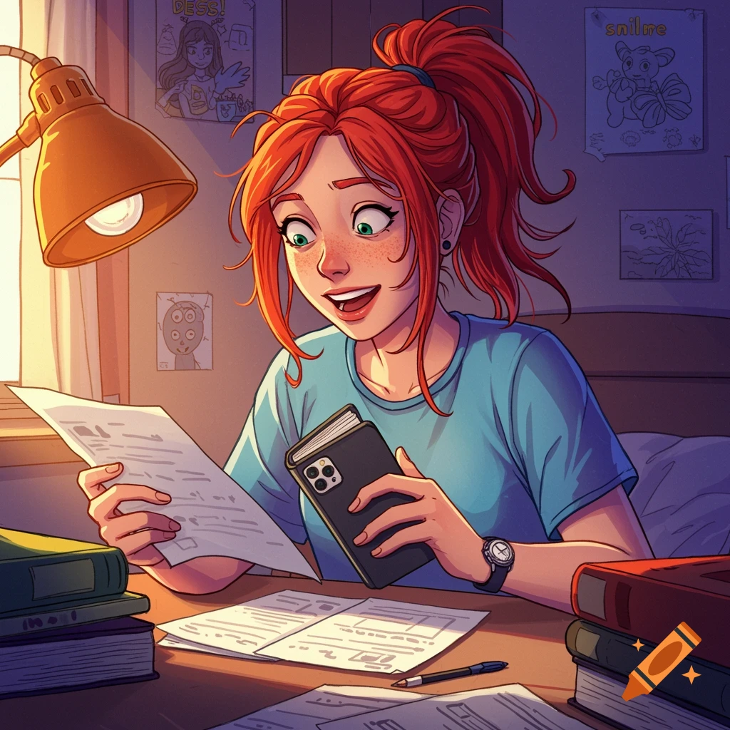 Young woman with red hair studies at a desk with papers, phone, books, and posters in comic art style.