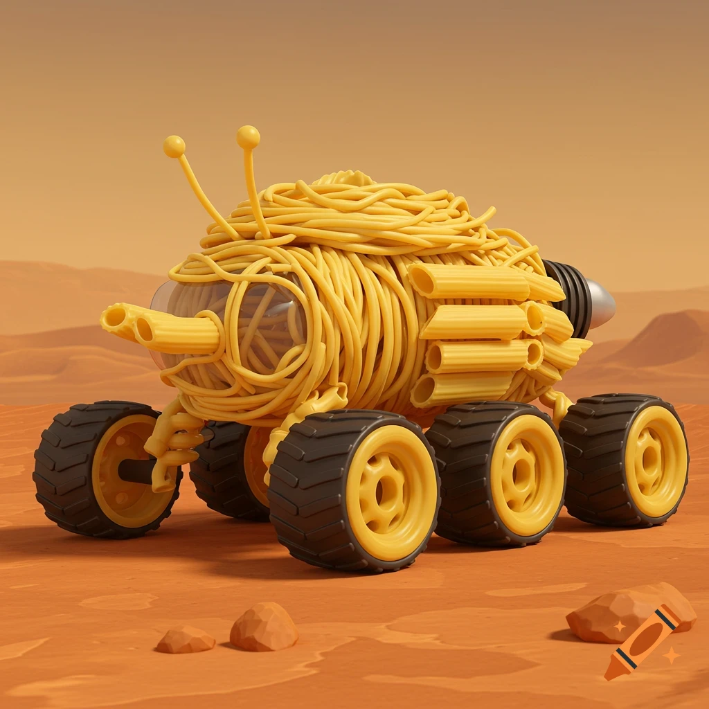 A rover made of pasta is on a red rocky landscape.